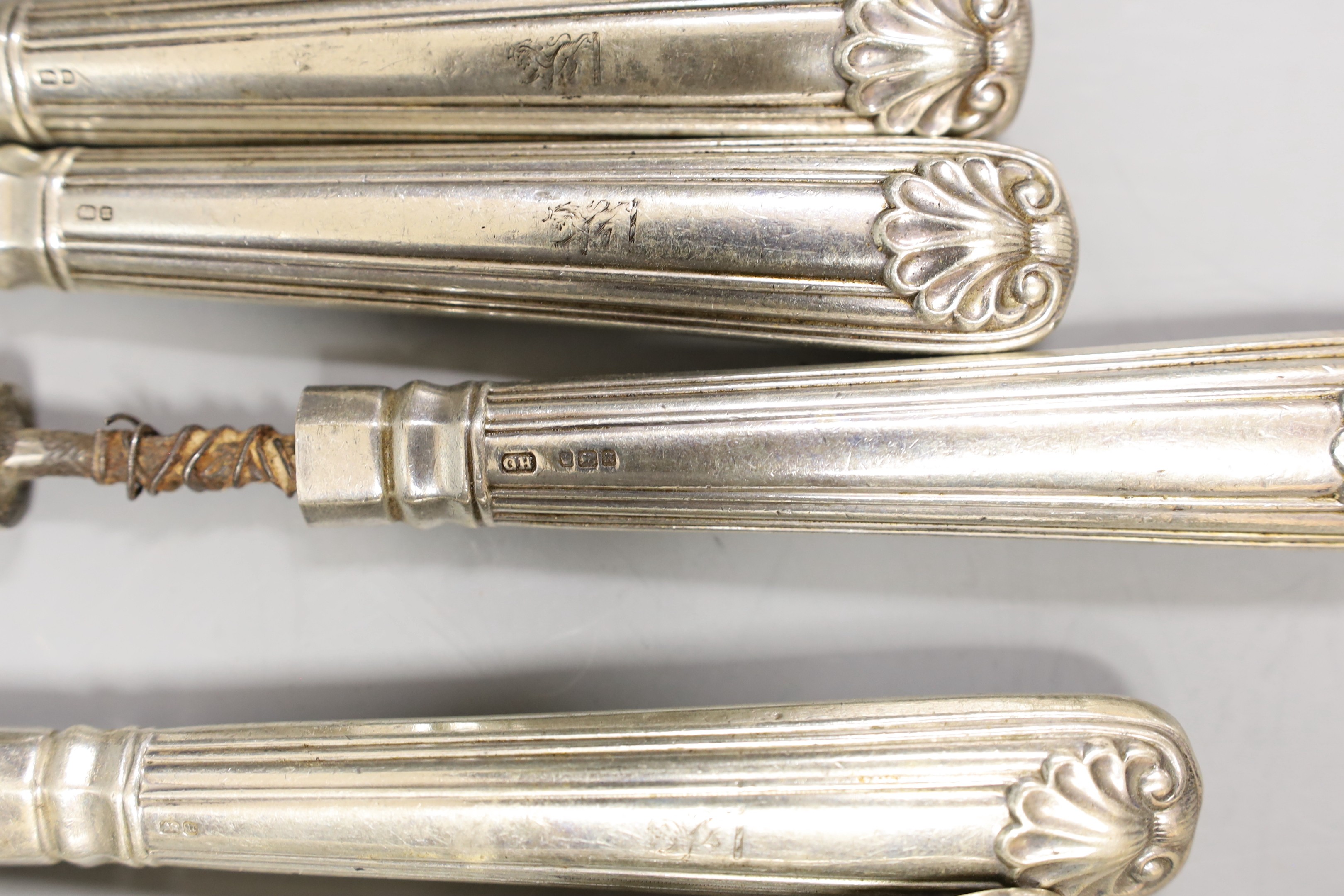 Thirteen items of 19th century silver cutlery, including Kings pattern and fiddle and shell, various dates and makers
